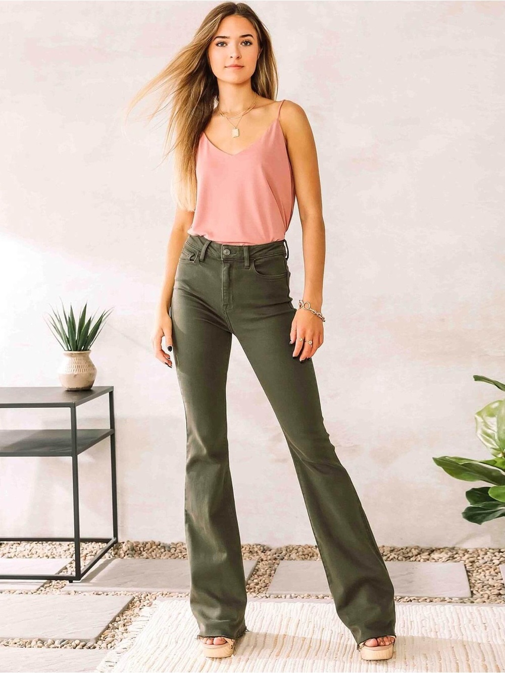 Cello Olive Green Denim Waistband Detail High Rise Flare Stretch Jean Size 7
